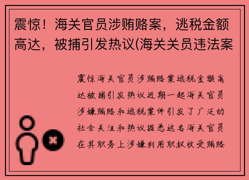 震惊！海关官员涉贿赂案，逃税金额高达，被捕引发热议(海关关员违法案例)