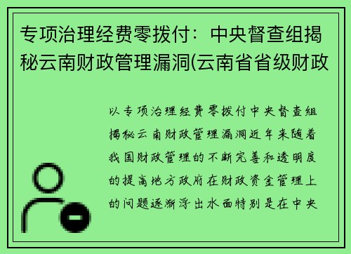 专项治理经费零拨付：中央督查组揭秘云南财政管理漏洞(云南省省级财政专项资金管理办法)